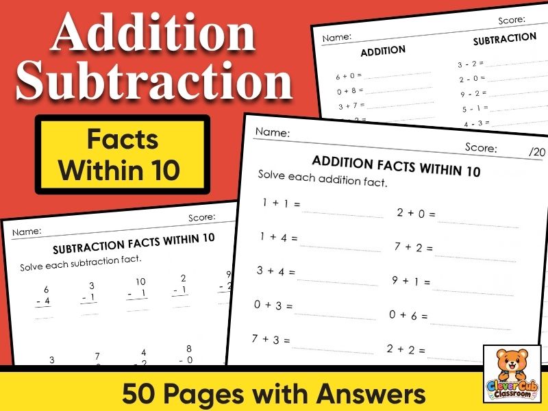 Addition and Subtraction Facts Within 10 Worksheets | Fact Fluency Practice