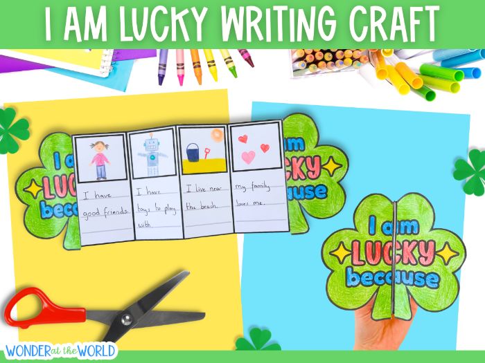 I am lucky because shamrock four leaf clover writing craft for St Patricks Day