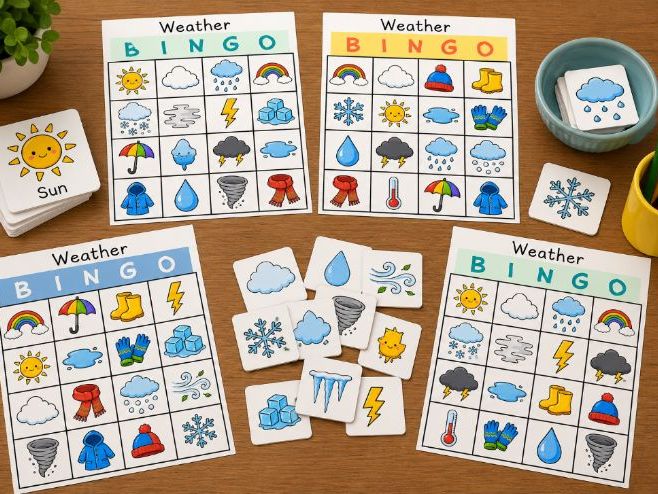 Weather Bingo Game | Weather Vocabulary Activities | Printable ESL Weather Game