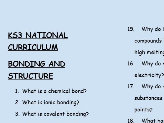 KS3 Chemistry: Bonding and Structure – 30 Question Retrieval Worksheet