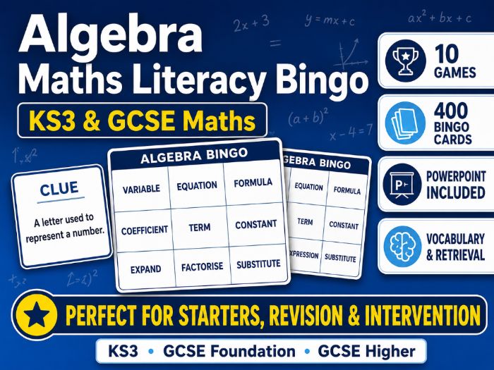 Algebra Maths Literacy Bingo | KS3 & GCSE Vocabulary Retrieval | 10 Complete Games