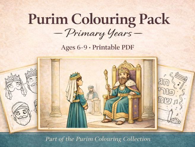 Purim Colouring & Mask Activity Pack – Primary (Ages 6–9)