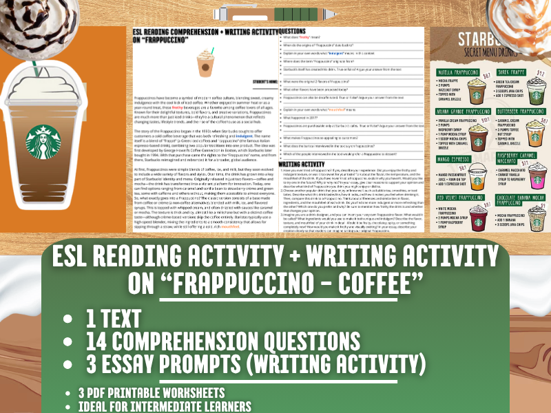 ESL Reading Comprehension + Writing Activity Worksheets on Frappuccino - Coffee