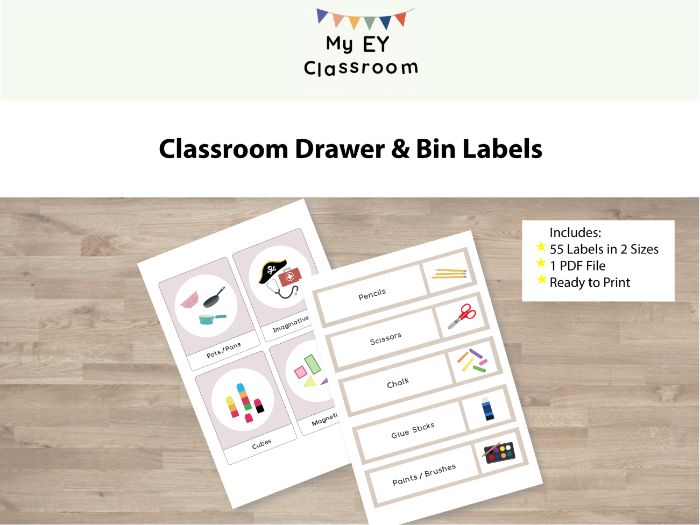 Early Years Classroom Drawer & Bin Labels - 55 Labels - 2 sizes
