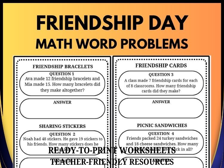 Friendship Day Math Worksheets | Word Problems & Answer Key