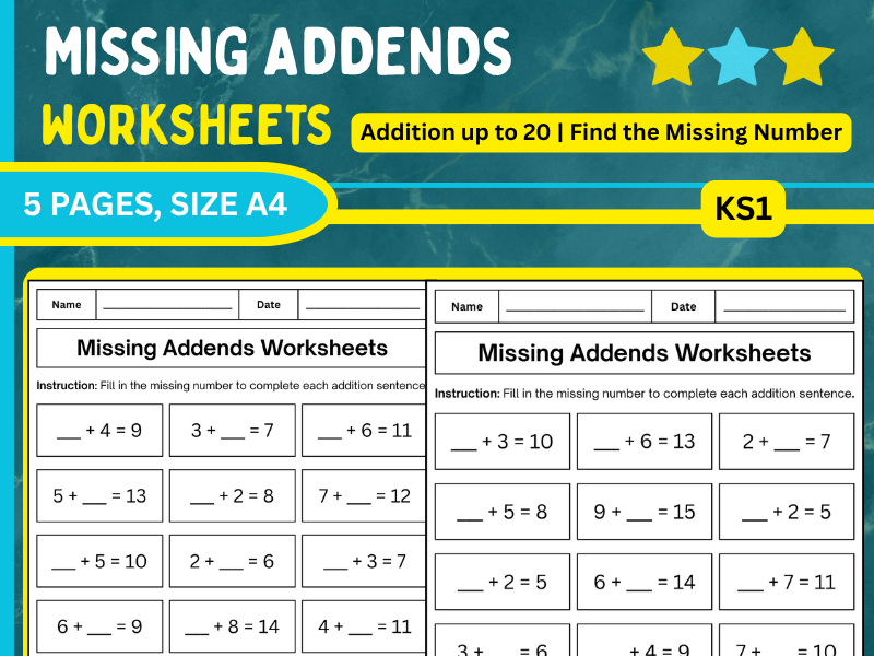 Missing Numbers Worksheets - Addition up to 20 | Finding the Missing Number | KS1 Math
