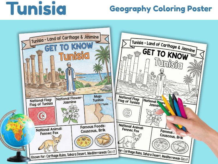 Tunisia Geography Coloring Poster | Country Facts & Map