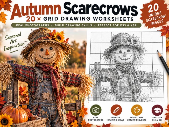 Autumn Scarecrows – 20 Grid Drawing Worksheets | Seasonal Art Activities | KS3 & KS4