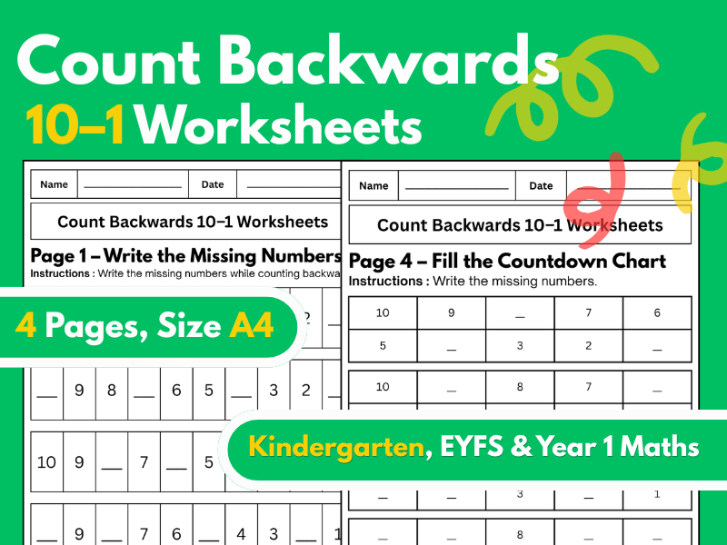 Count Backwards 10–1 Worksheets | Countdown Activities | Kindergarten, EYFS & Year 1 Maths