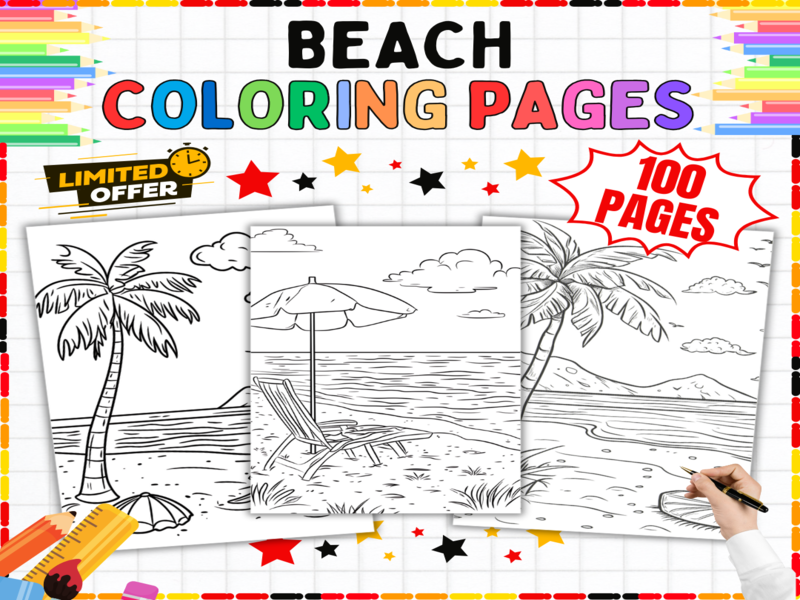 Beach Colouring Pages Bundle | 100 Printable Sheets | Seaside & Ocean Theme Art Activities