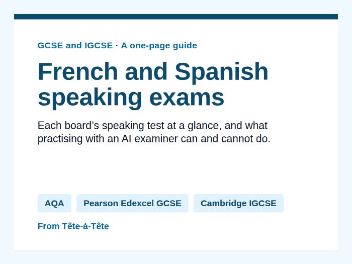 GCSE & IGCSE French and Spanish speaking exams — one-page guide (AQA, Edexcel, Cambridge IGCSE)