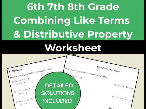 6th 7th 8th Grade Combining Like Terms & Distributive Property Worksheet