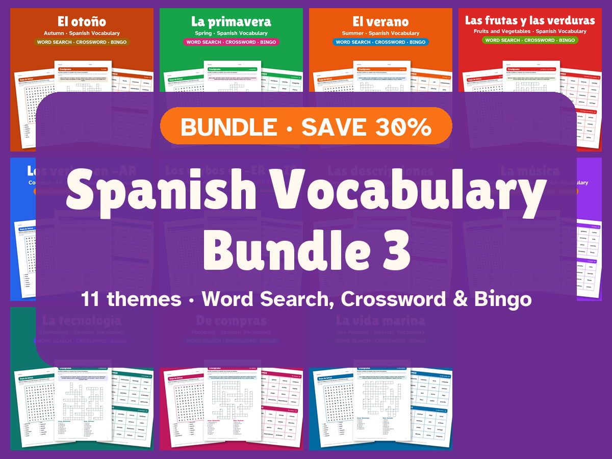 Spanish Vocabulary Bundle 3: Word Search, Crossword & Bingo (11 Themes)