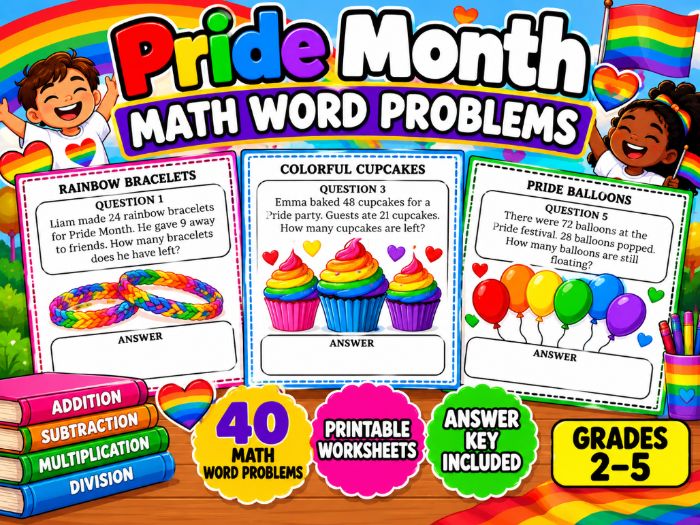 Pride Month Math Word Problems | 40 Printable Worksheets with Answer Key