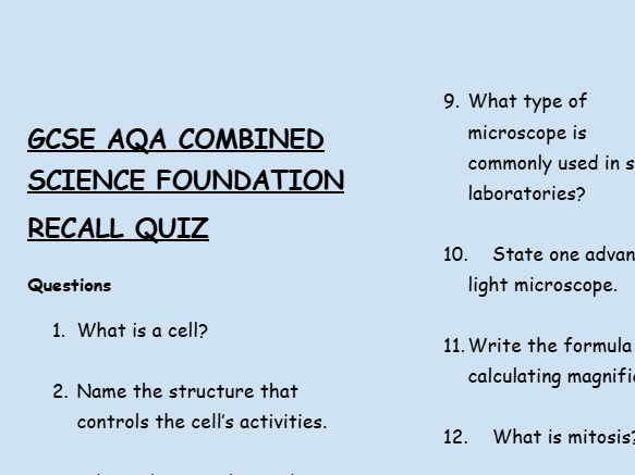 GCSE FOUNDATION Combined Science: Cell Biology – Low-Stakes Retrieval Questions