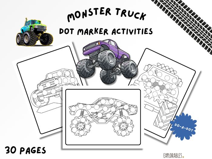Dot Marker Monster Truck Activities Do A Dot Colouring Pages For Children & Adults Art Skills Print