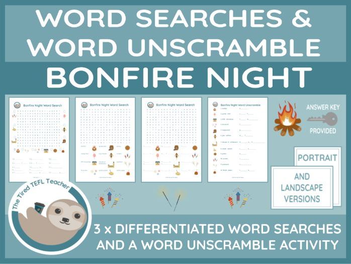 ESL Bonfire Night Differentiated Word Searches and Word Unscramble
