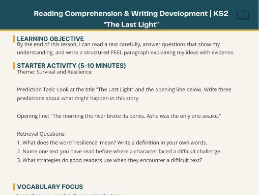 The Last Light Reading Comprehension and Writing Development