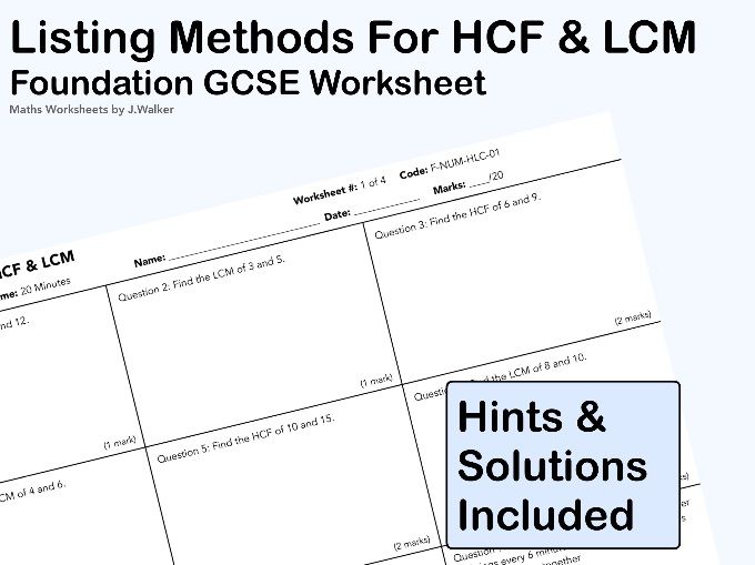GCSE Maths Worksheet: Listing Methods For HCF & LCM - Foundation Tier