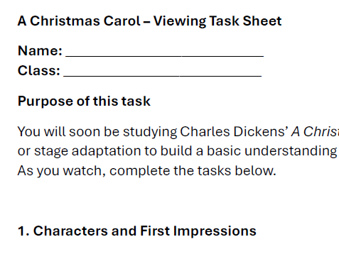 English Lit AQA 'A Christmas Carol' Viewing task sheet