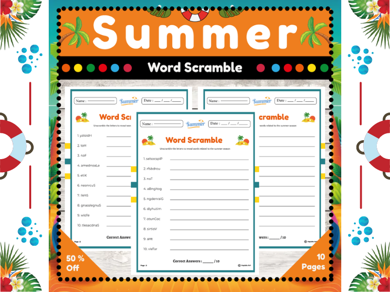 Summer Word Scramble Puzzles : End of Year Activity for Early Finishers