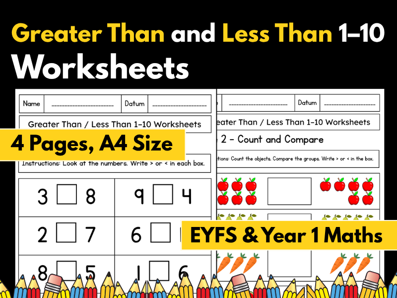 Greater Than and Less Than 1–10 Worksheets | Comparing Numbers | EYFS & Year 1 Maths