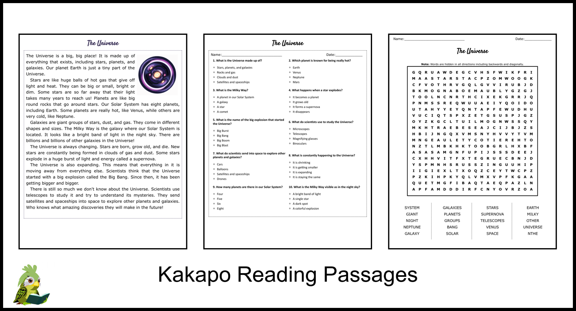 The Universe Reading Comprehension and Word Search | Teaching Resources
