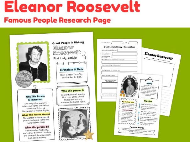 Eleanor Roosevelt Biography Research Worksheets | Famous First Lady Study