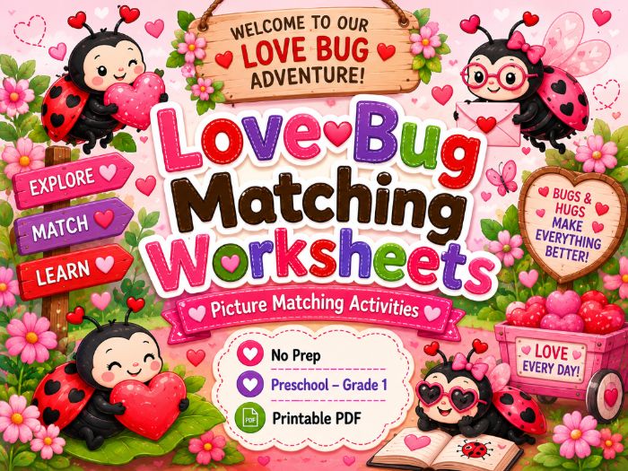 Love Bug Matching Worksheets | Valentine’s Day Matching Activities | Preschool–1st Grade