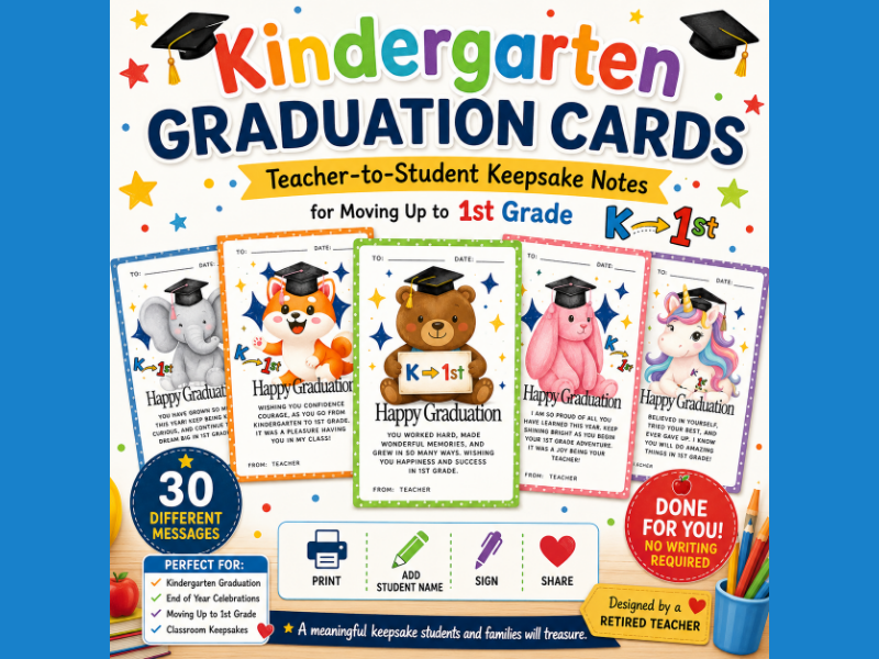 Kindergarten Graduation Cards for Grades K–1 | 30 Teacher-to-Student Keepsake Notes for Moving Up