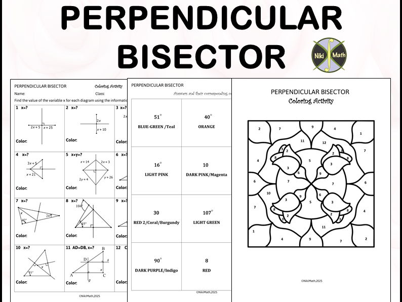 Geometry Grades 7-8: Perpendicular Bisector - Coloring Activity/Color by Code