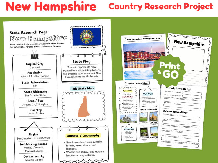 New Hampshire State Research Project | US Geography & State Study Worksheets