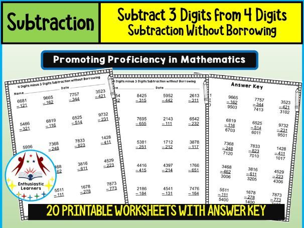 Subtract 3-Digits from 4-Digits Subtraction without Borrowing Worksheets – Practice Activity