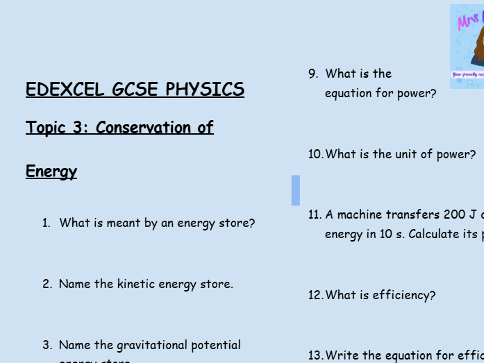 Conservation of Energy – GCSE Physics Topic 3 Retrieval Questions | Edexcel