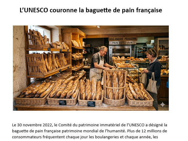 AQA French A Level stimulus card - L’UNESCO couronne la baguette de pain française