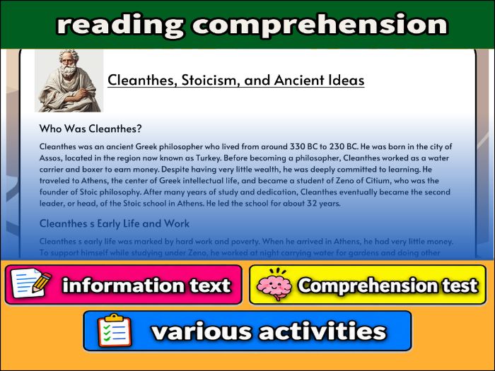 Cleanthes, Stoicism, and Ancient Ideas- Reading Comprehension, Worksheet & Activities