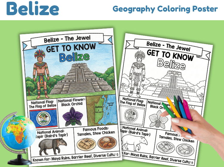 Belize Geography Coloring Poster | Country Facts & Culture