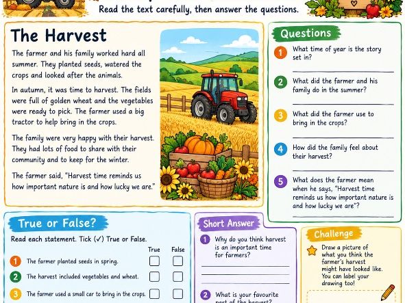 KS1 Harvest Reading Comprehension Pack | 3 Autumn Comprehension Worksheets