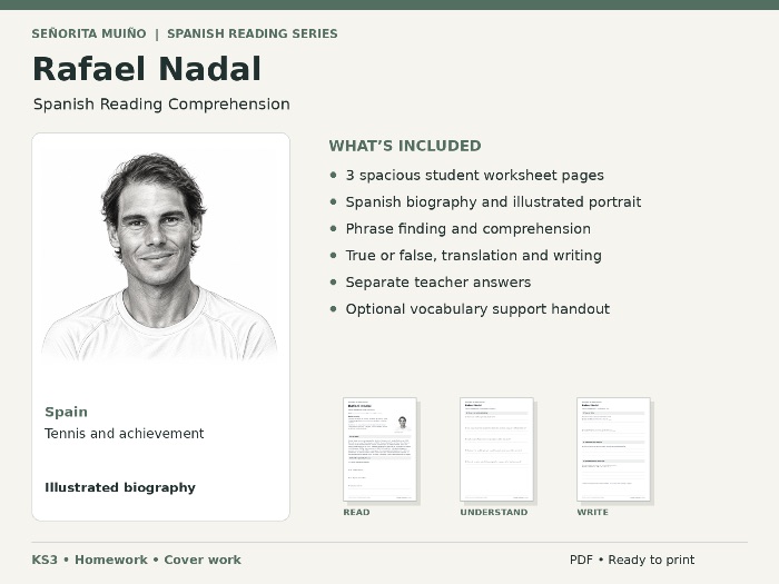 Rafael Nadal | KS3 Spanish Reading Comprehension - Homework & Cover