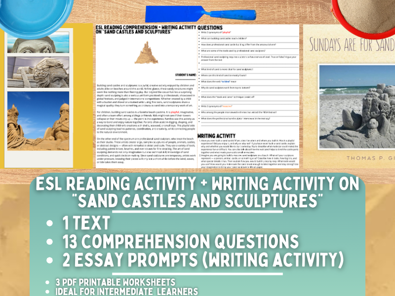 ESL Reading Comprehension + Writing Activity - Sand Castles and Sculptures