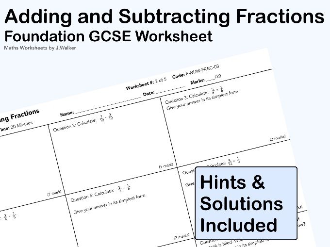 GCSE Maths Worksheet: Adding and Subtracting Fractions - Foundation Tier