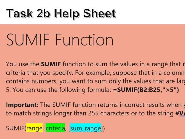 BTEC Tech Awards DIT Component 2 Task 2b Help Sheet - Spreadsheet Functions