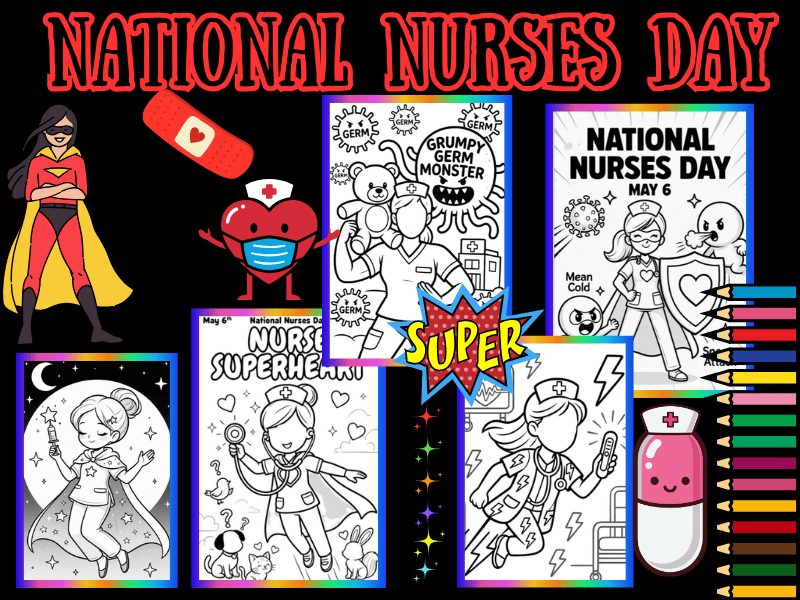 Superhero Nurses in Scrubs Coloring Pages for Kids | National Nurses Day May 6th