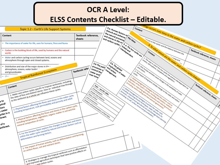 OCR A Level :Earths Life Support Systems Contents Pages.