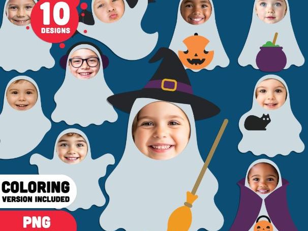 Ghost Templates, Halloween Craft, Add Your Own Face, PDF + PNG, Coloring Version Included