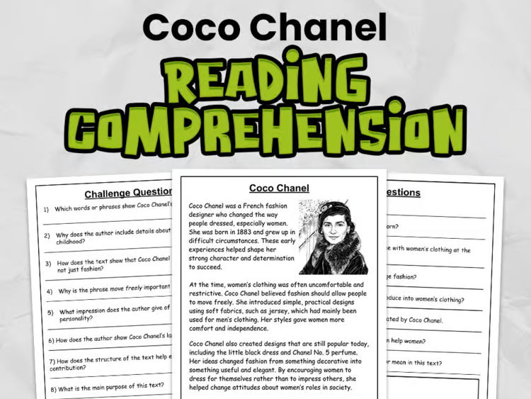 Coco Chanel Reading Comprehension for Gr 3 - 5 | Women's History Month