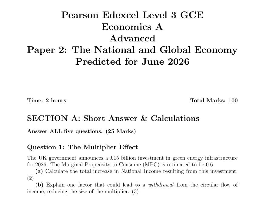 Edexcel A-Level Economics A Paper 2 Predicted 2026 – National & Global Economy Full Exam + MS