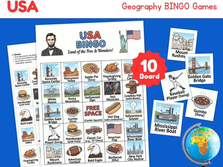 USA Geography Bingo Game | American Landmarks, Culture & Symbols