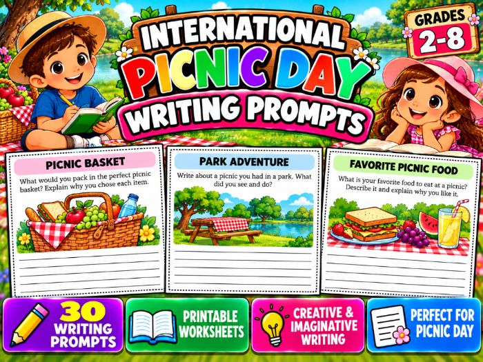 International Picnic Day Writing Prompts | 30 Printable Worksheets | Grades 2–8