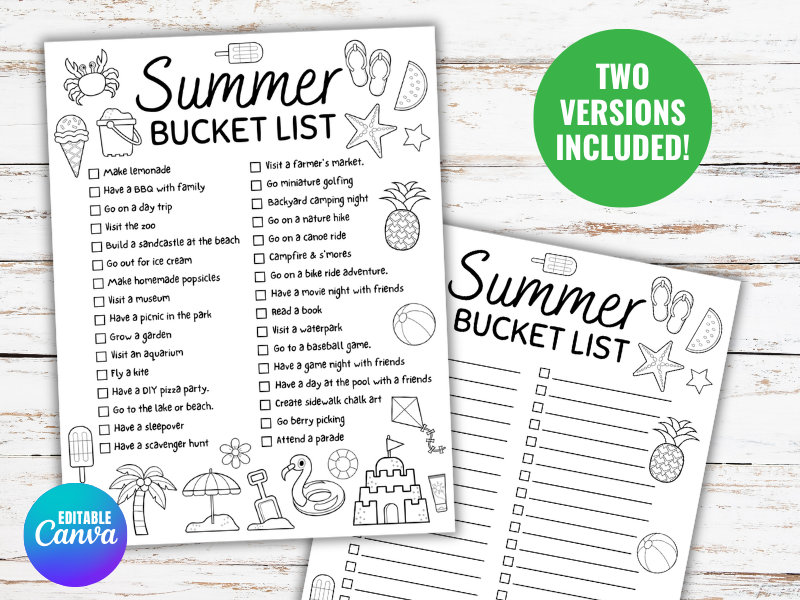EDITABLE Summer Break Bucket List Template, Summer To Do List Checklist Activity